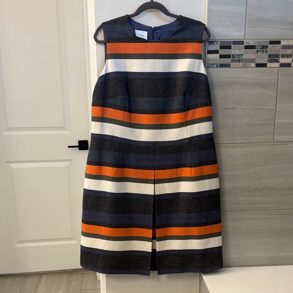Akris Punto Striped Sleeveless Pleated Power-Dressing Dress, EUC, US size 16